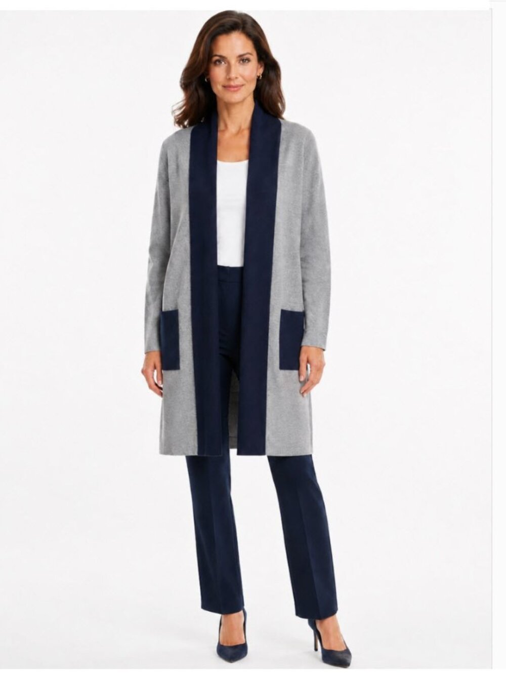 Lineamaglia Italy Wool Long Cardigan Grey Navy Colourblock XL